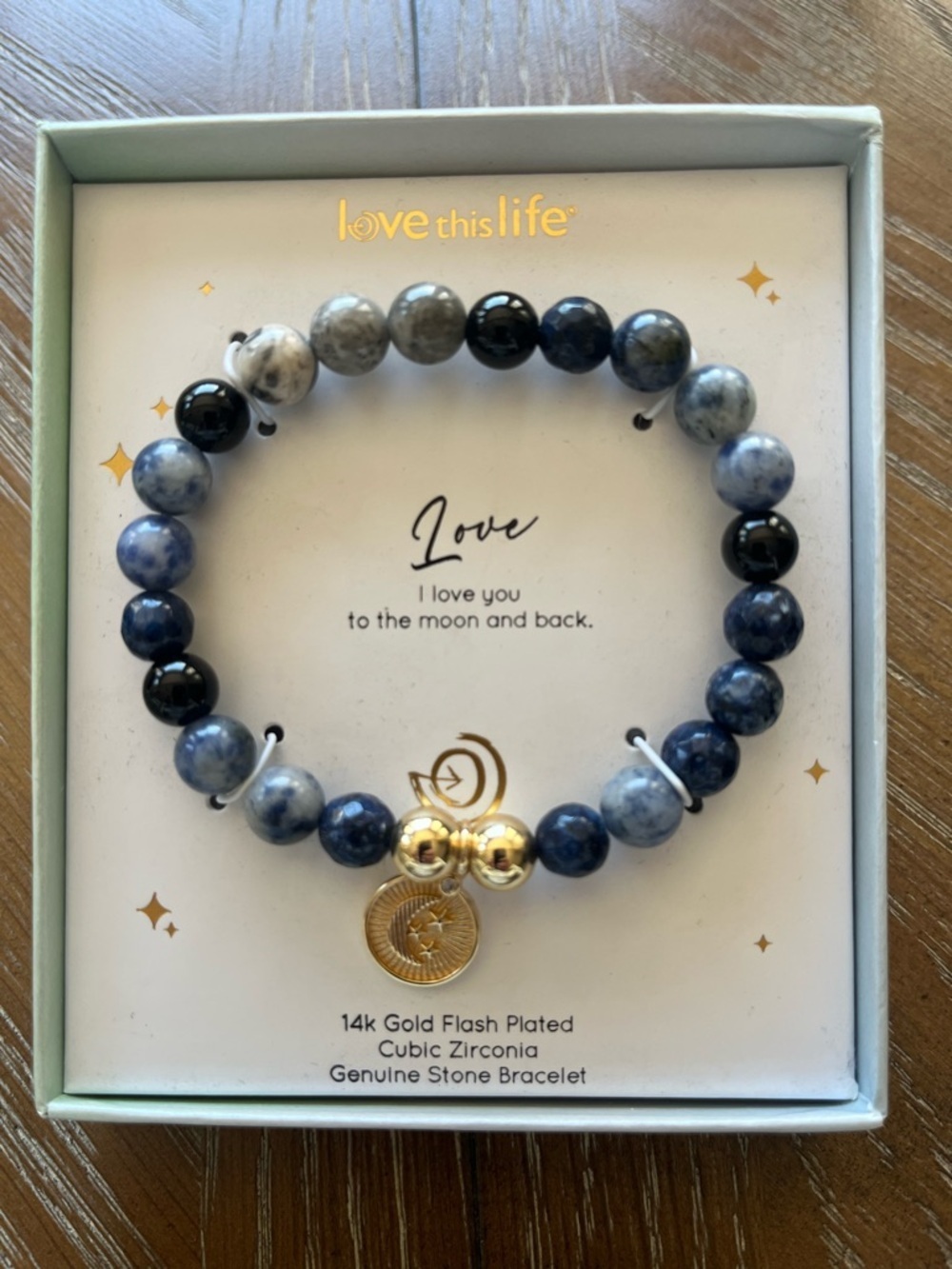 Blue & Black Gemstone Beaded Bracelet with Gold Charm I Love you Moon and Back